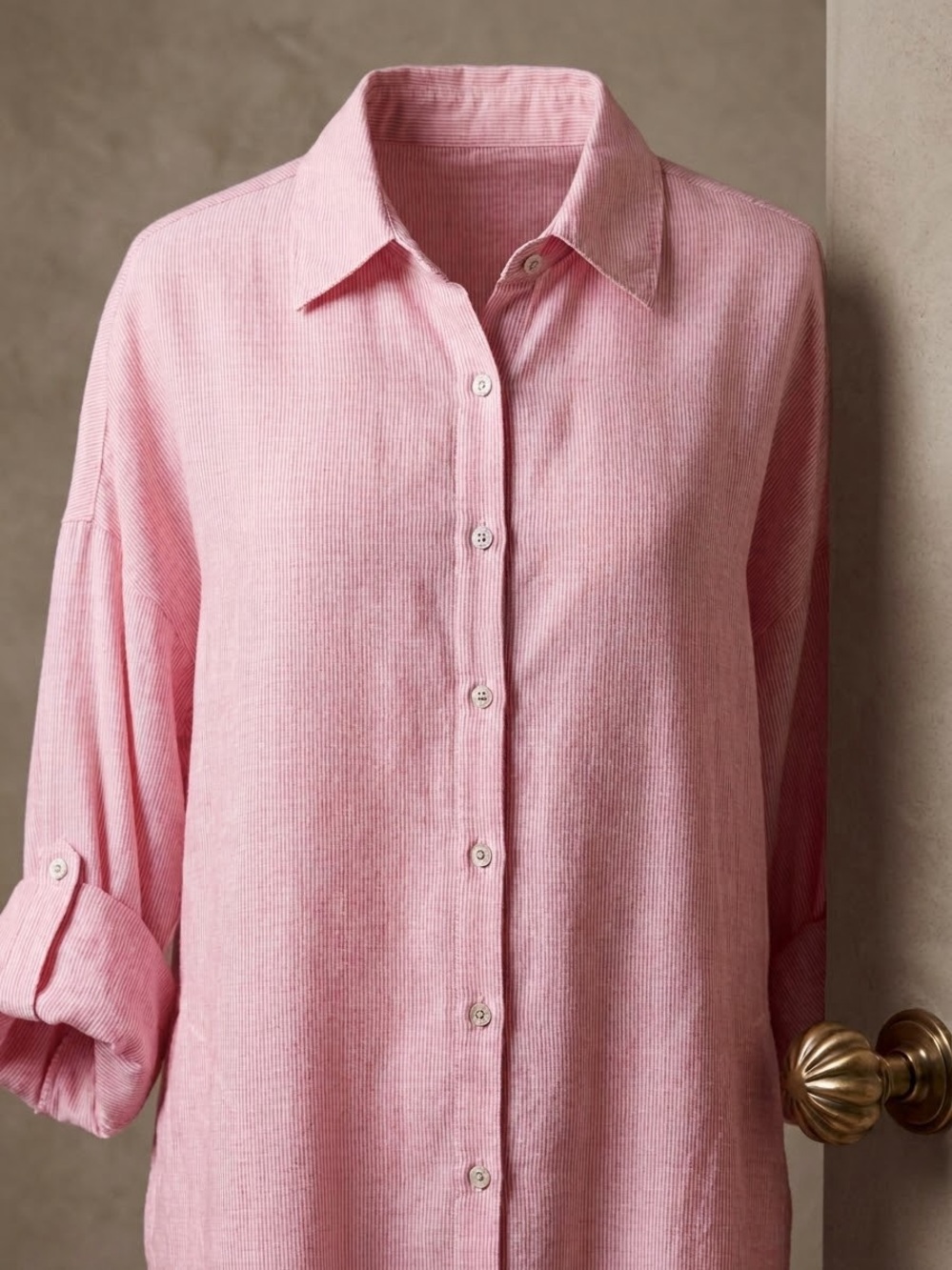 Chico's Size 2 US Large 100% Linen Red White Striped Button-Down Tunic Shirt